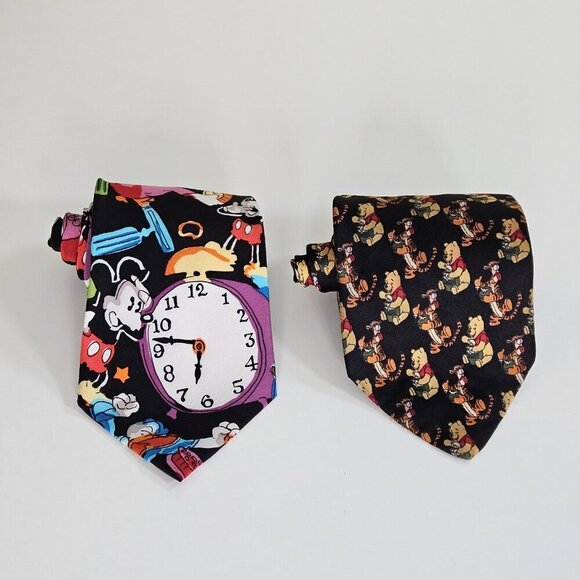 Disney Themed Silk Tie Lot of 2 Pooh Mickey Donald AOP W3.5 L57.5 - 58.5 Boho - Picture 15 of 16